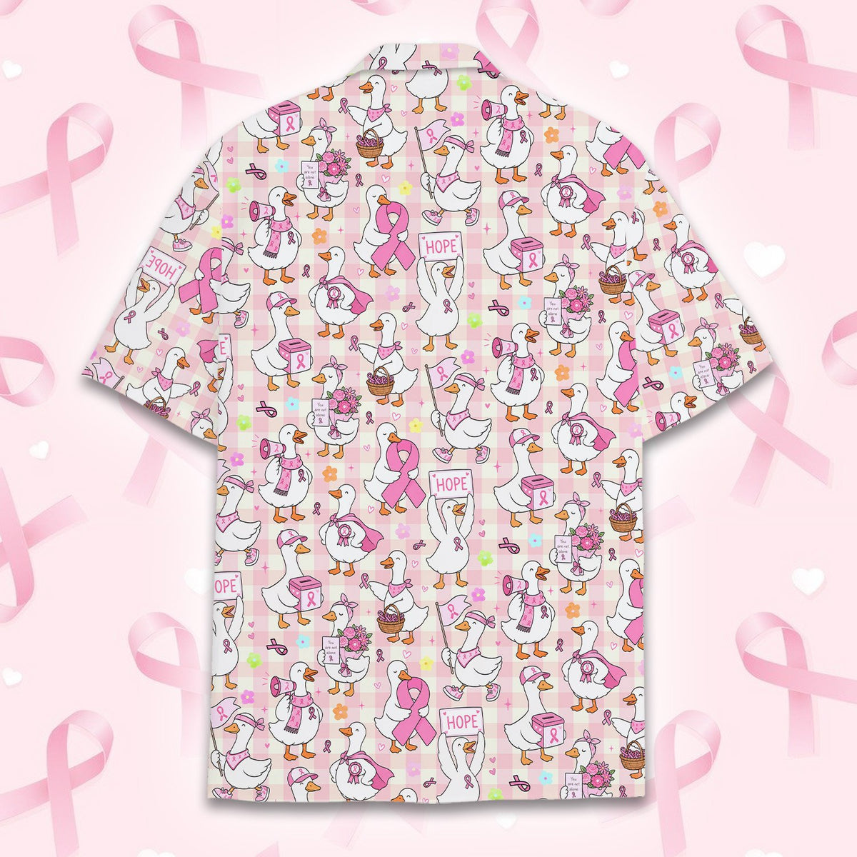 Detailed back view of the breast cancer awareness hawaiian shirt
