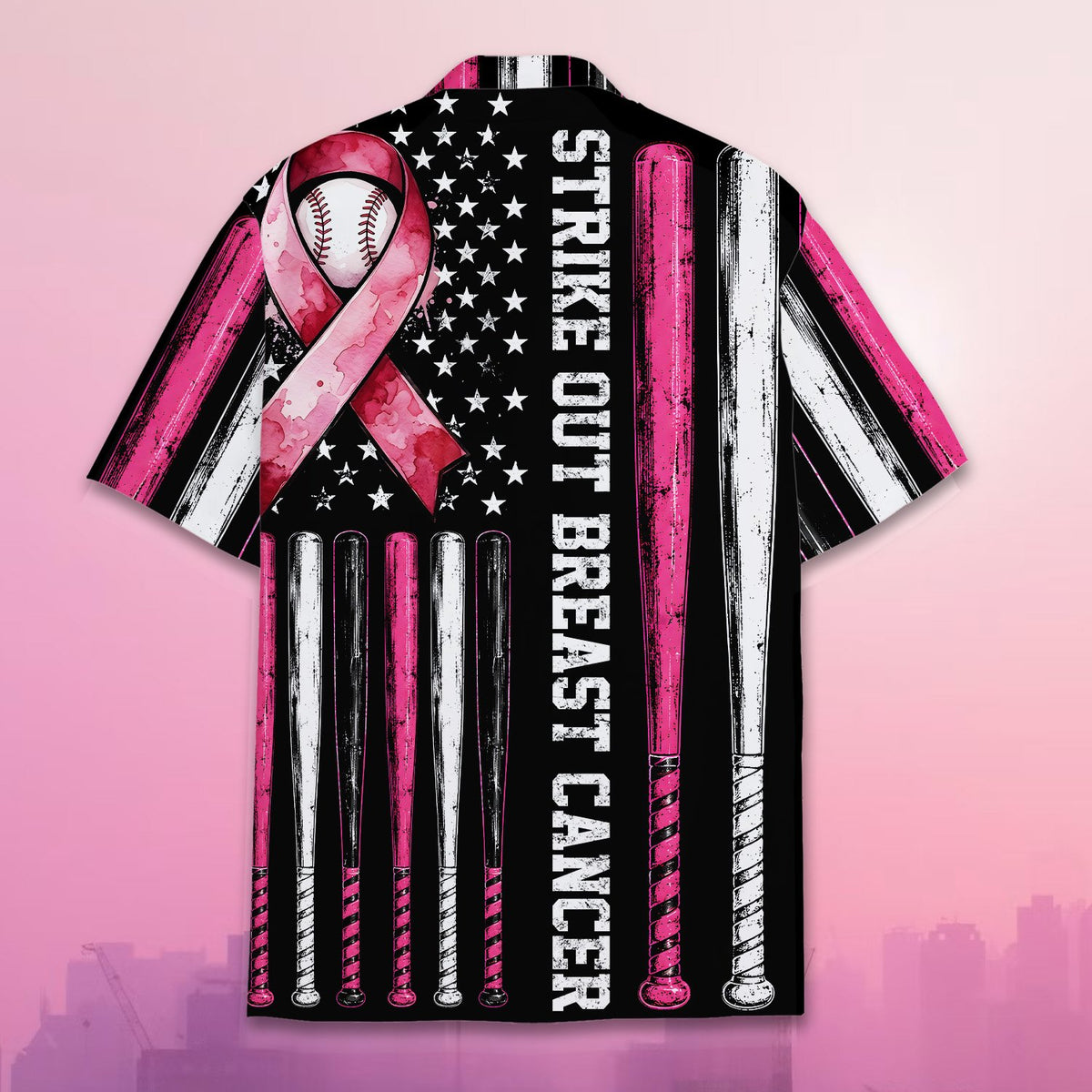 Detailed back view showing the pink ribbon and american flag elements