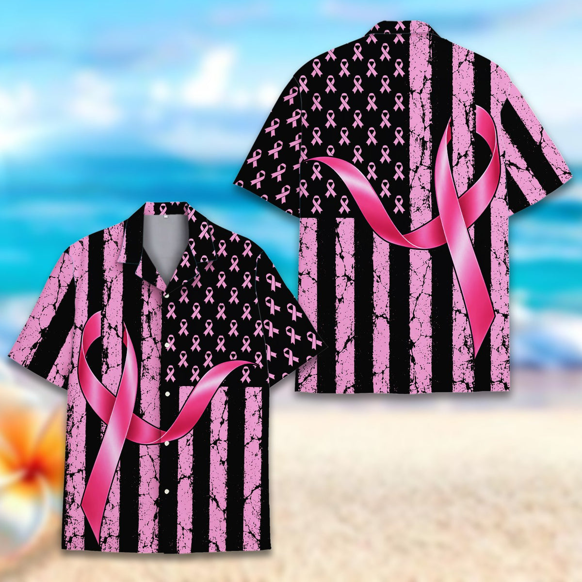 Additional back view of the distressed flag design hawaiian shirt