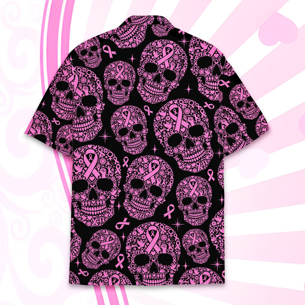 Detailed back view showing the vibrant pink skulls