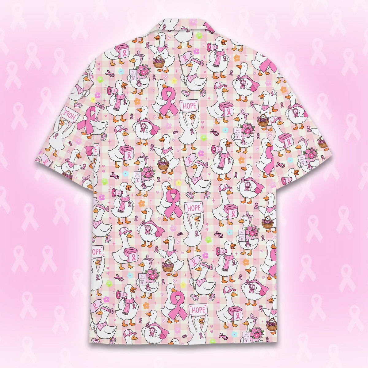 Angled back view of the breast cancer awareness hawaiian shirt