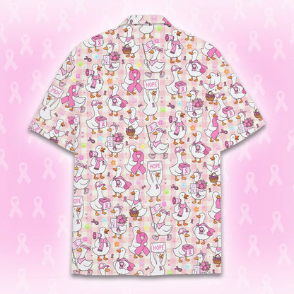 Angled back view of the breast cancer awareness hawaiian shirt