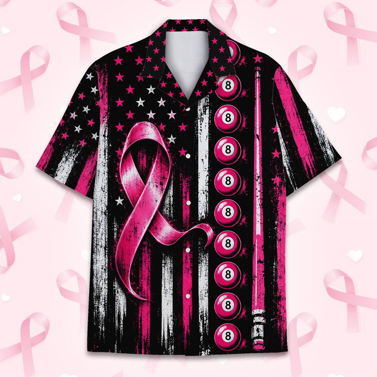 Close-up back view of the distressed black, white, and pink design