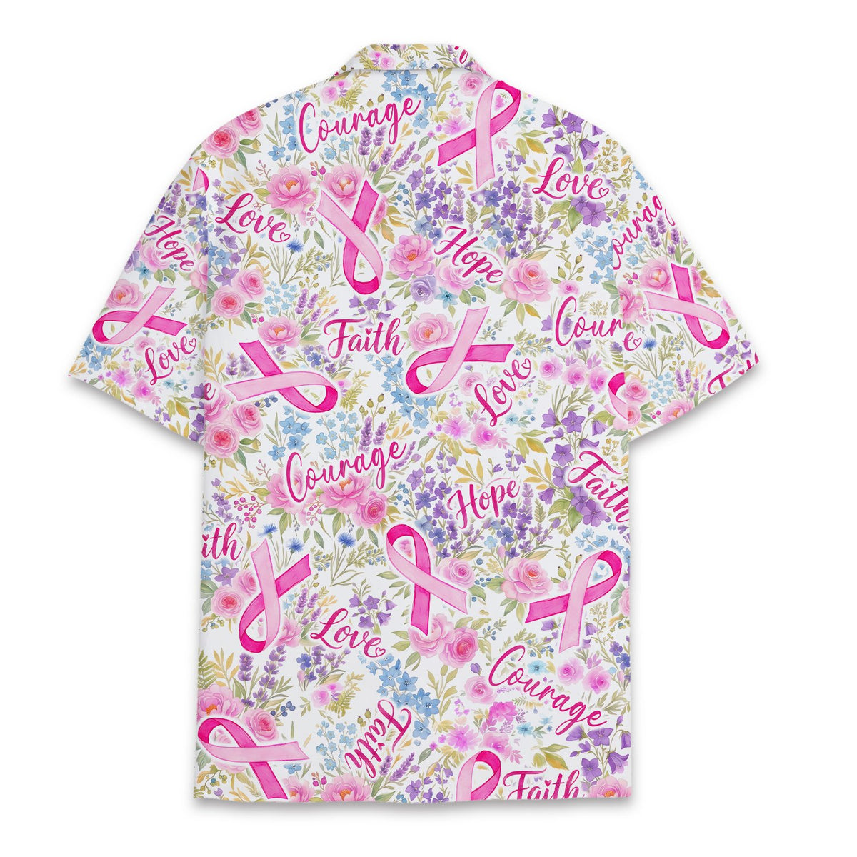Back view of the white matching family hawaiian shirt with floral and ribbon print
