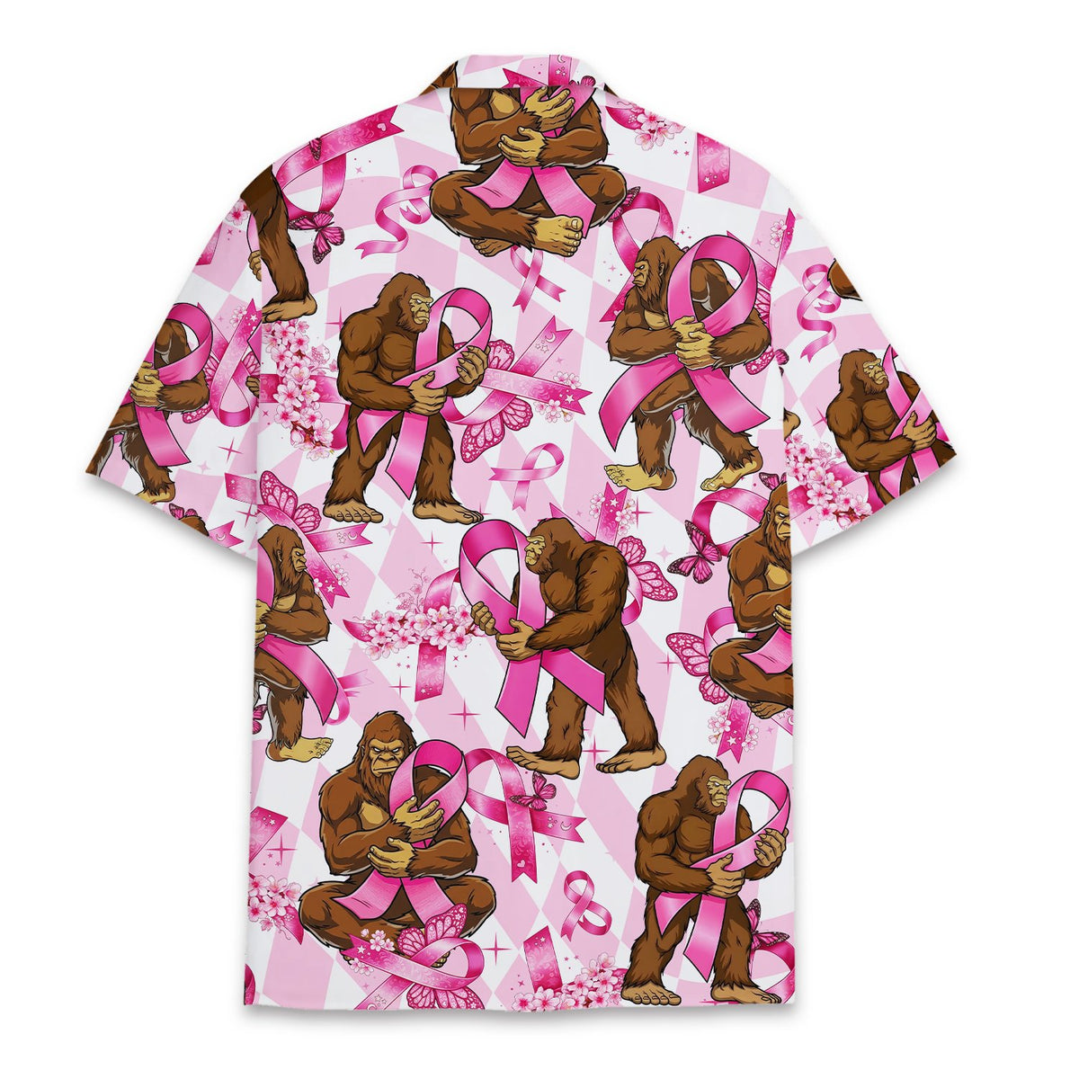 Back view of the Bigfoot pink ribbon Hawaiian shirt