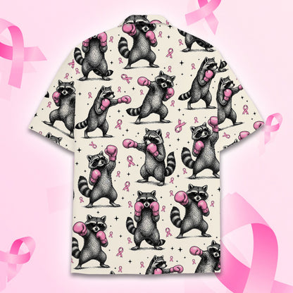 Back view of the raccoon pink ribbon matching family hawaiian shirt
