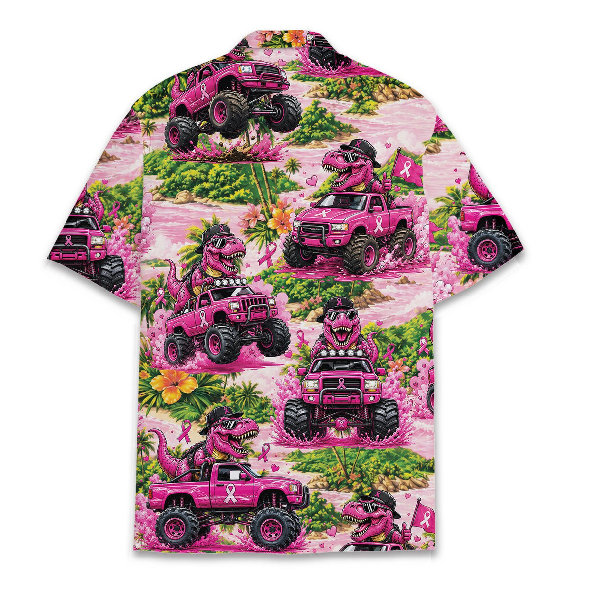 Back view of the breast cancer awareness hawaiian shirt showing the tropical landscape
