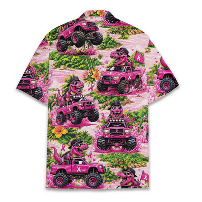 Back view of the breast cancer awareness hawaiian shirt showing the tropical landscape