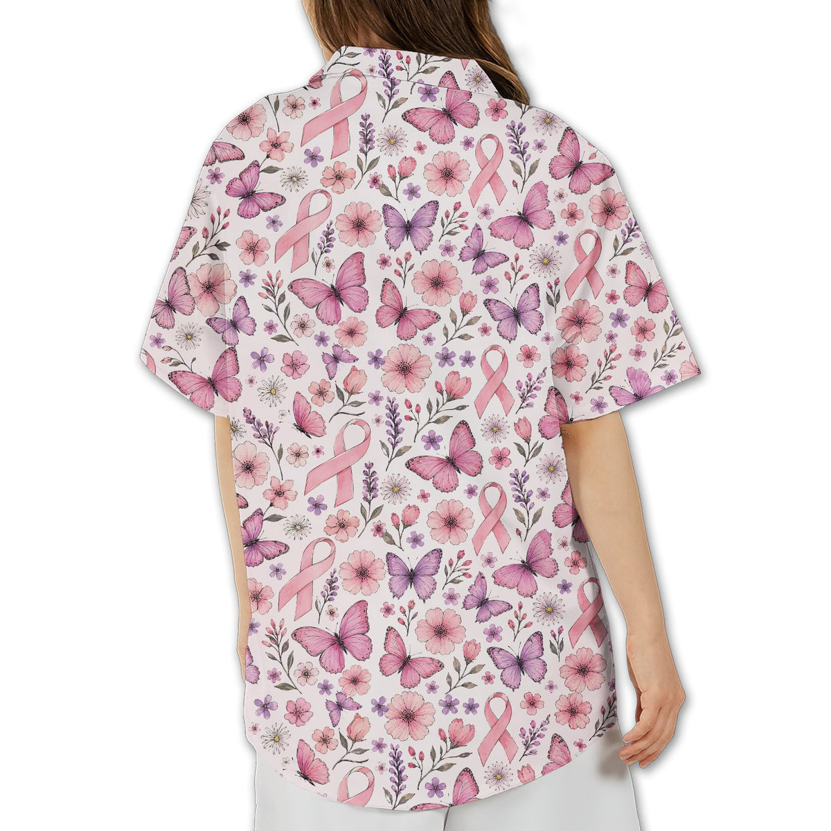 Back view of the breast cancer awareness hawaiian shirt featuring floral and butterfly design
