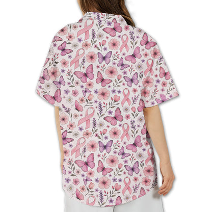 Back view of the breast cancer awareness hawaiian shirt featuring floral and butterfly design