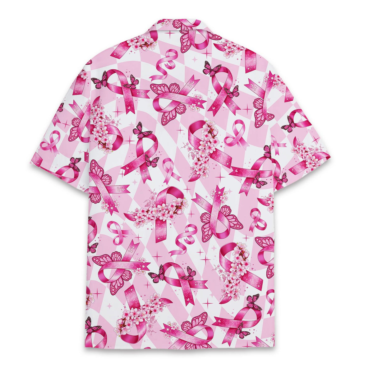 Back view of the breast cancer awareness hawaiian shirt