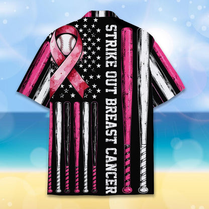 Back view of the black breast hawaiian shirt with vertical strike out text