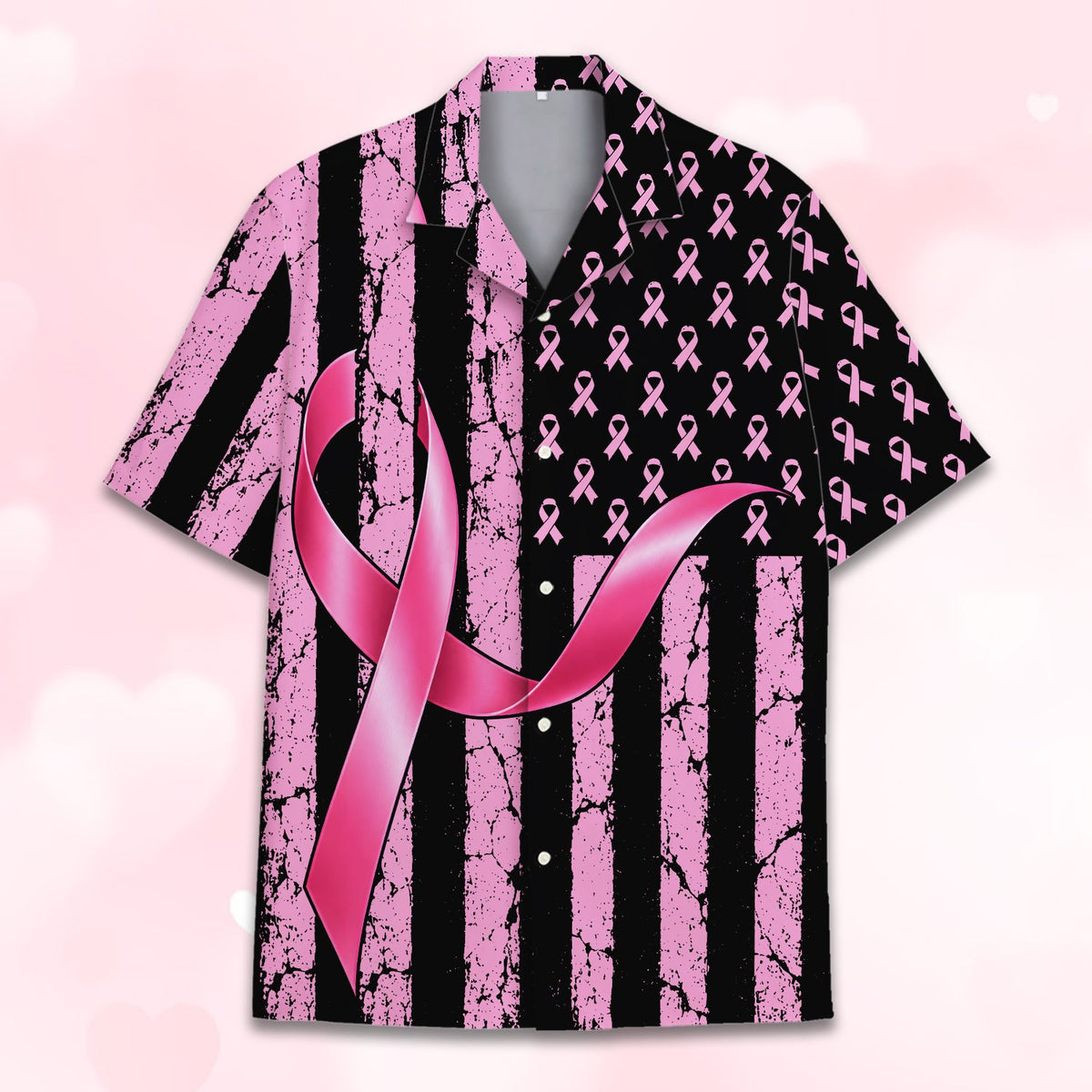 Back view of the hawaiian shirt showing the large pink ribbon overlay