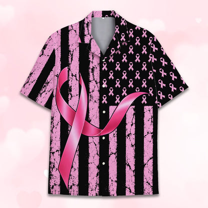 Back view of the hawaiian shirt showing the large pink ribbon overlay