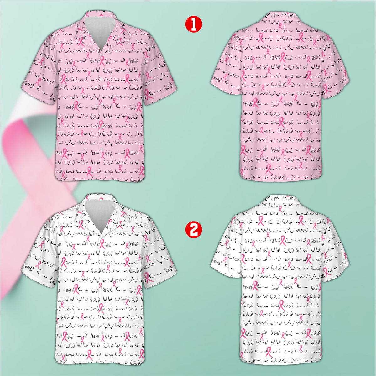 Multicolor breast cancer awareness hawaiian shirt with abstract pattern, front view
