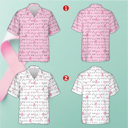 Multicolor breast cancer awareness hawaiian shirt with abstract pattern, front view