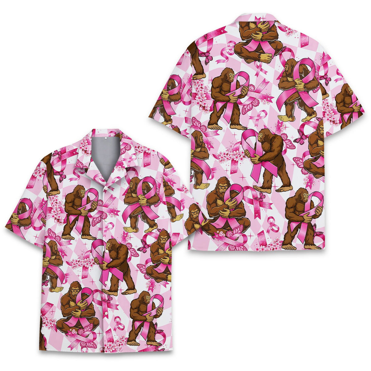 Alternative front view of the Bigfoot pink ribbon Hawaiian shirt