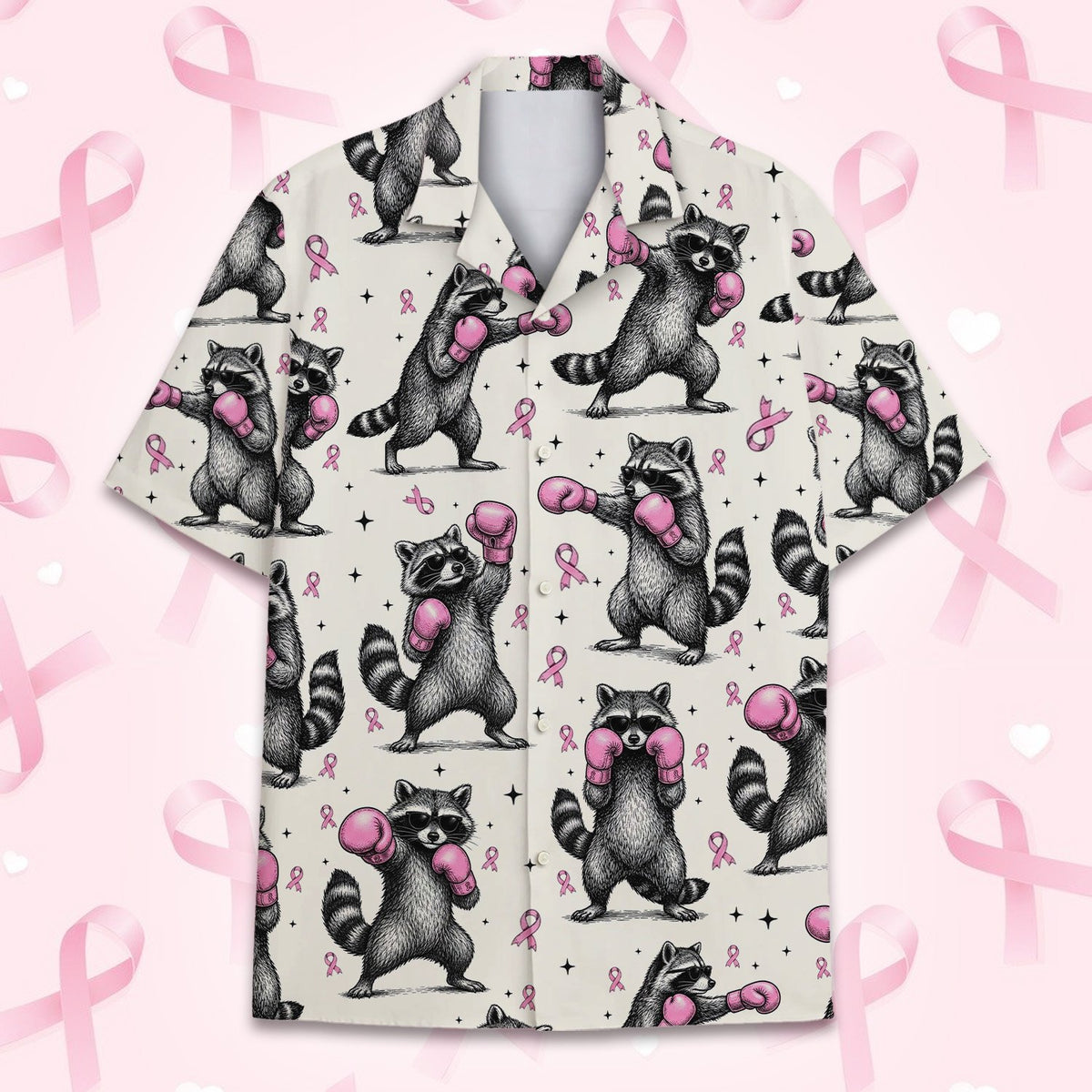 Detailed front view of family hawaiian shirts showing pink ribbons and stars