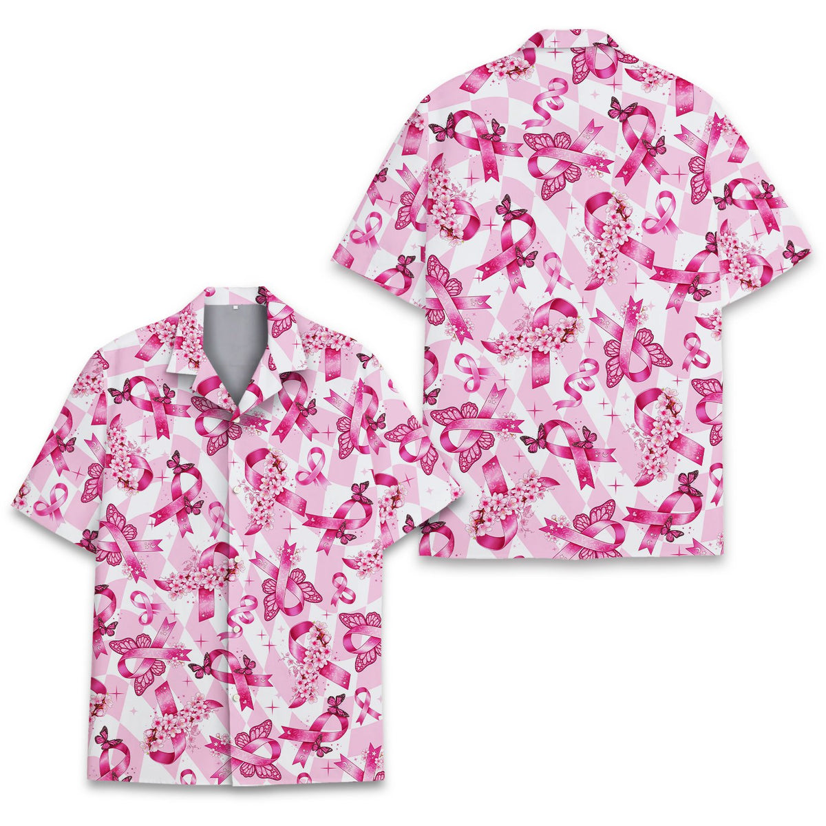Detailed front view of the pink ribbon and butterfly design on the hawaiian shirt