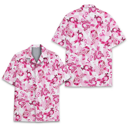 Detailed front view of the pink ribbon and butterfly design on the hawaiian shirt