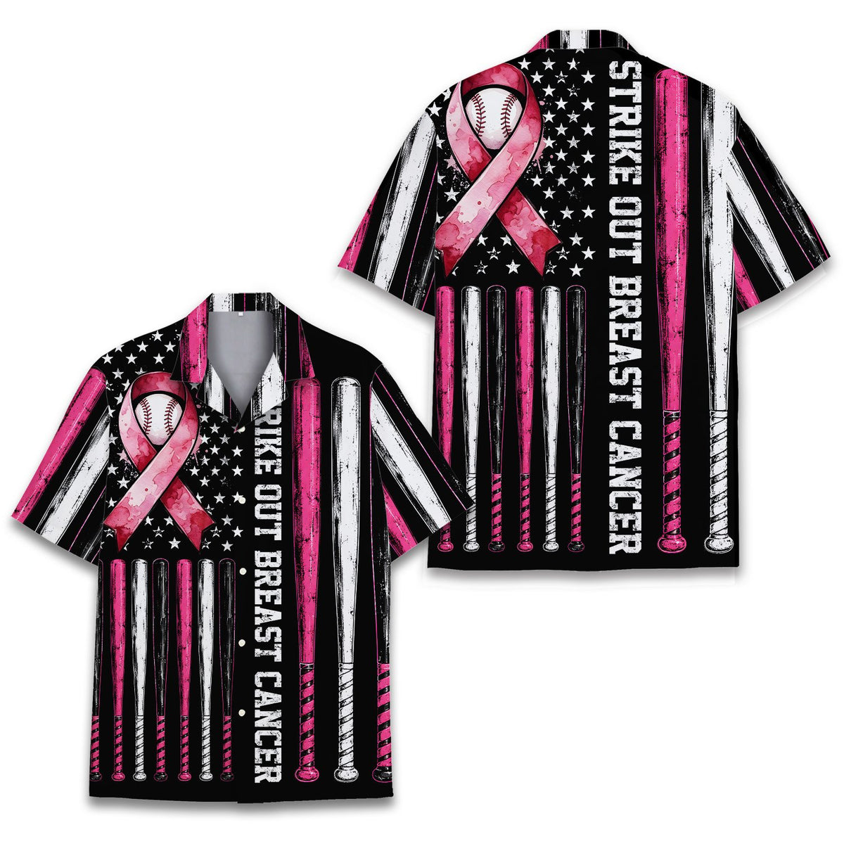 Close up front view of the pink ribbon baseball hawaiian shirt