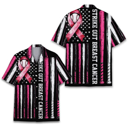Close up front view of the pink ribbon baseball hawaiian shirt