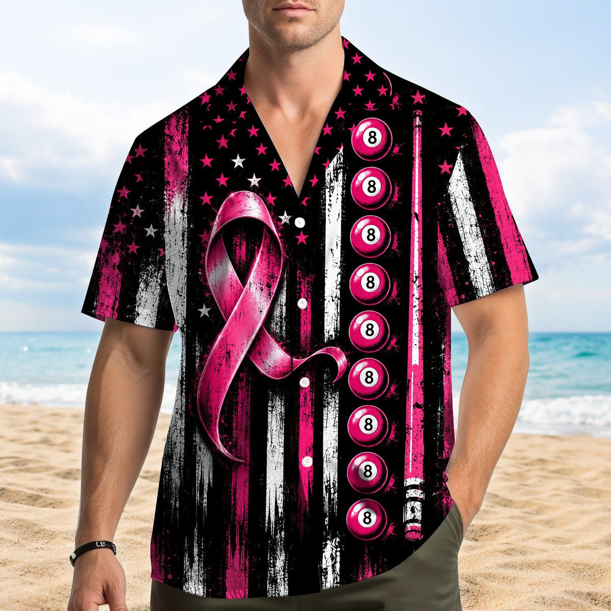 Detailed front view showing the pink 8-balls and pool cue pattern