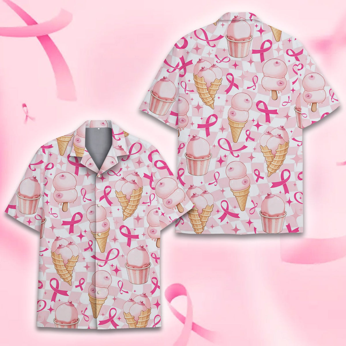 Breast cancer awareness hawaiian shirt pink checker pattern, front view two