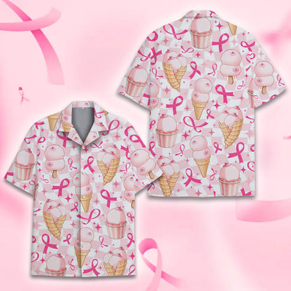 Breast cancer awareness hawaiian shirt pink checker pattern, front view two