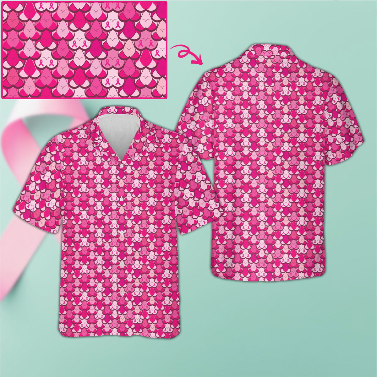 Pink breast hawaiian shirt featuring a repeating pink ribbon and heart pattern, front view