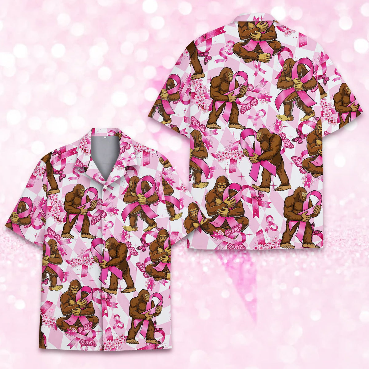 Detail front view of the Bigfoot pink ribbon Hawaiian shirt