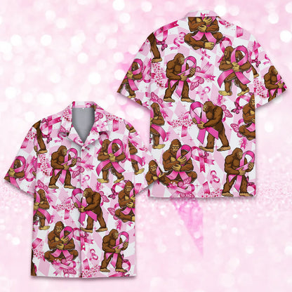 Detail front view of the Bigfoot pink ribbon Hawaiian shirt