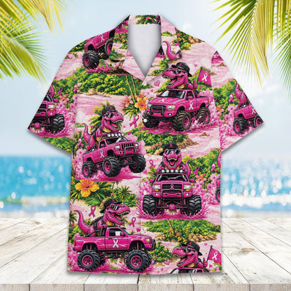 Close up front view of the tropical hawaiian shirt with pink monster truck