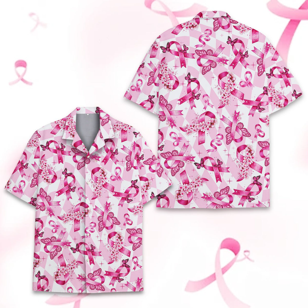 Close-up front angle of the matching family hawaiian shirts floral pattern