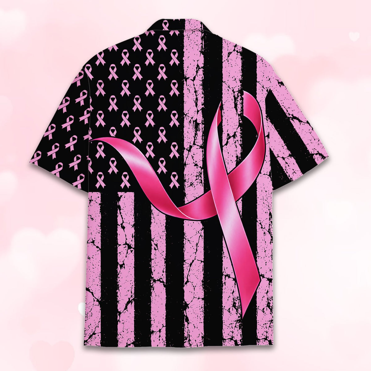 Close-up front view highlighting the pink ribbon details on the shirt