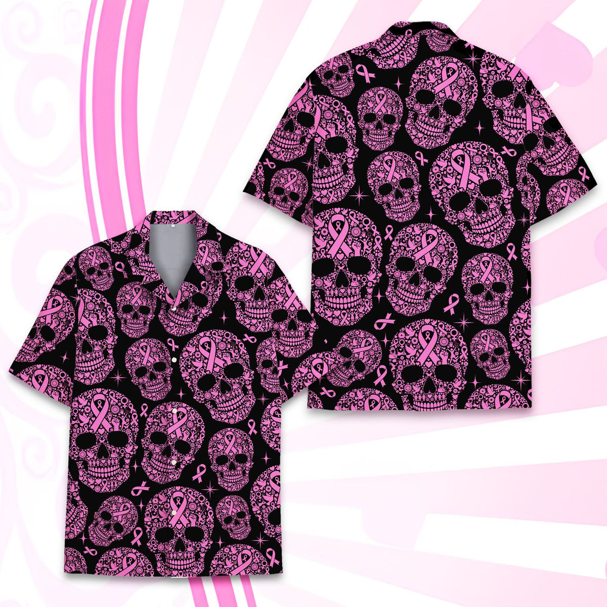 Close up front view of the pink skull and ribbon pattern