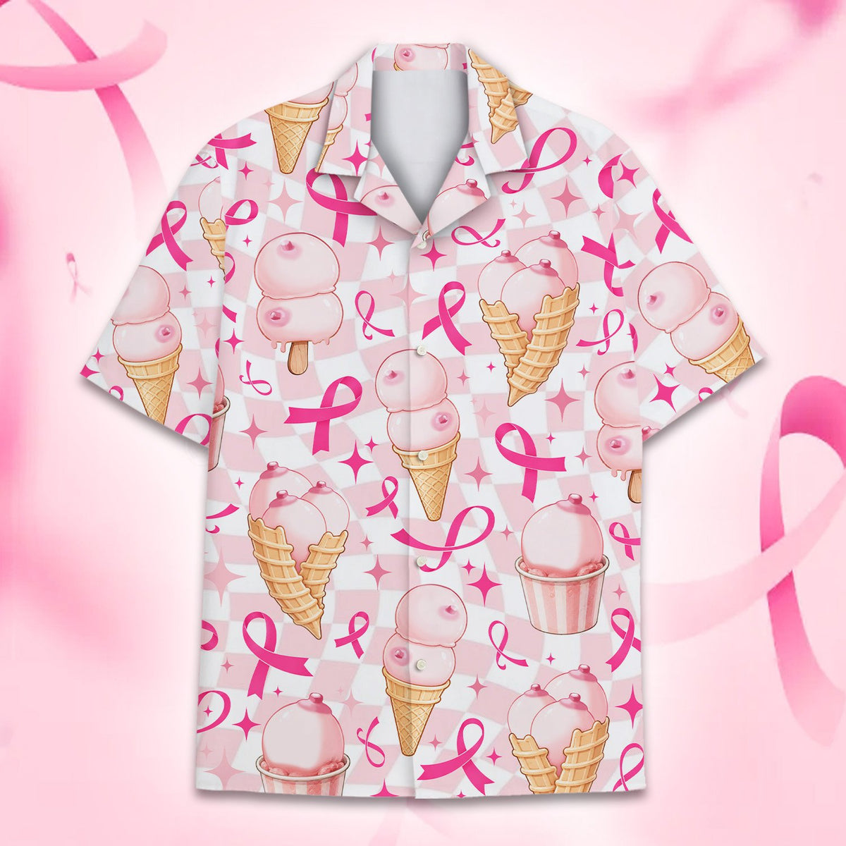 Breast cancer awareness hawaiian shirt with abstract ice cream print, front view three
