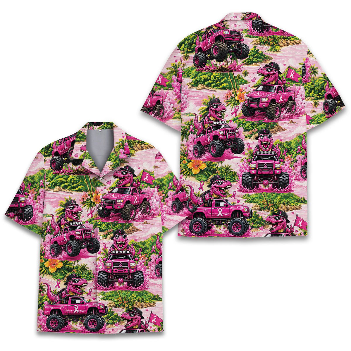 Detailed front view of the breast cancer awareness hawaiian shirt