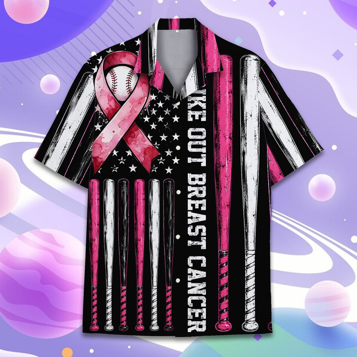 Another front angle of the black breast hawaiian shirt with strike out text