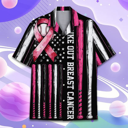 Another front angle of the black breast hawaiian shirt with strike out text