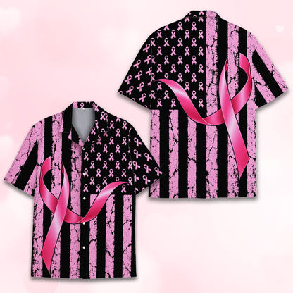 Detailed front view of the awareness hawaiian shirt collar and buttons