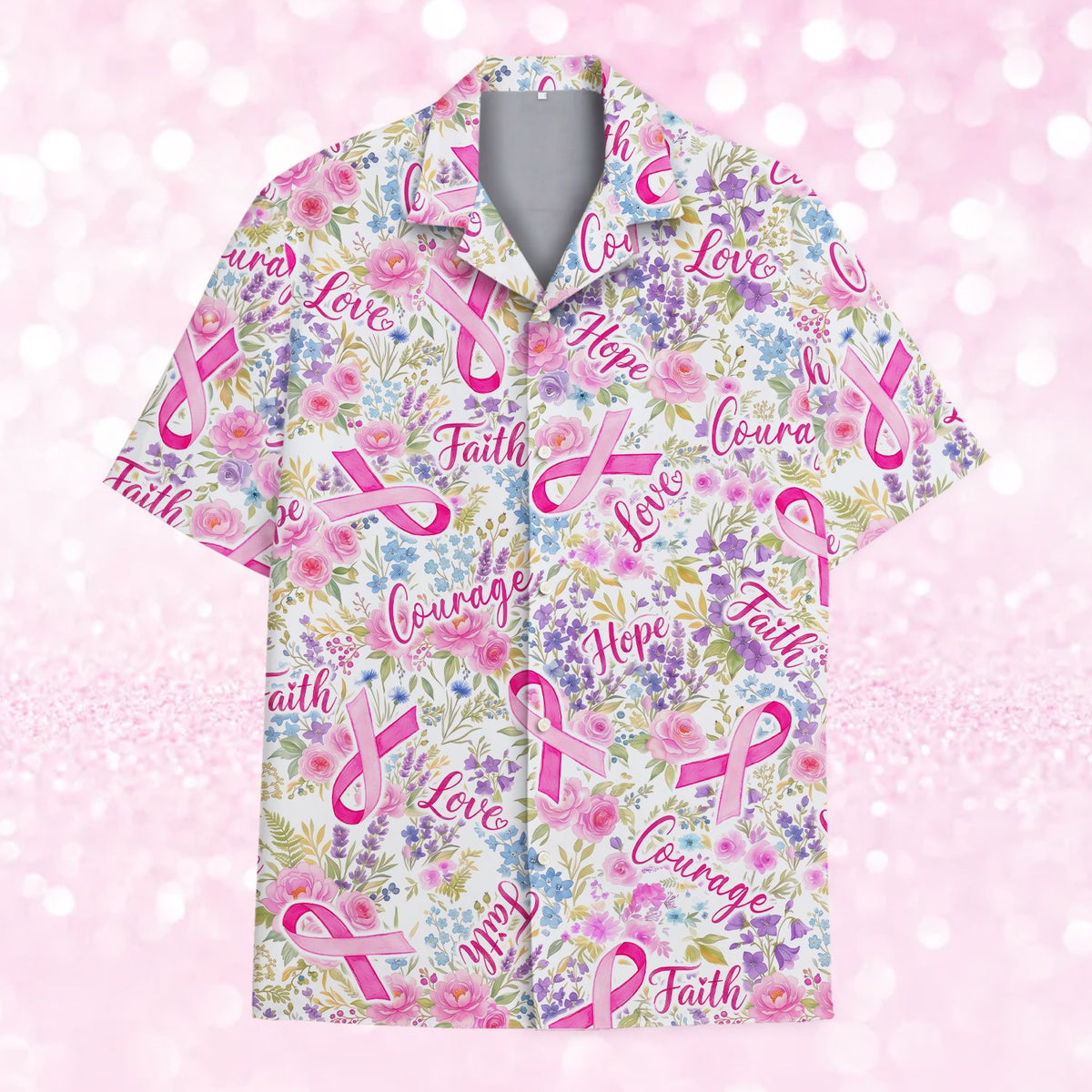 White hawaiian shirt featuring pink ribbons and inspirational words, main view