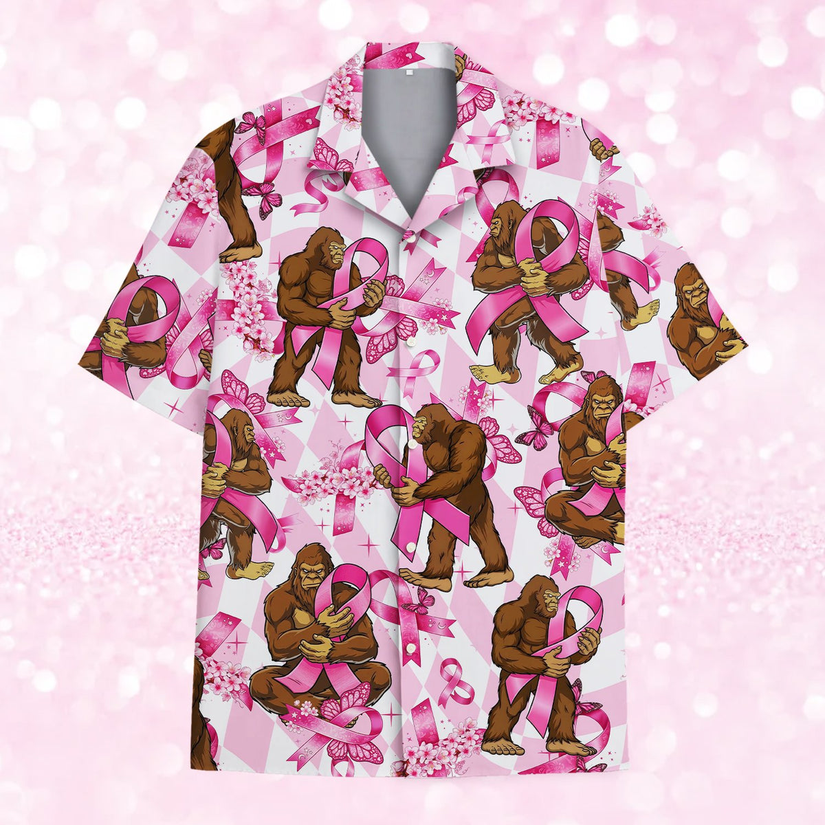 Front view of the breast cancer awareness hawaiian shirt featuring Bigfoot and pink ribbons