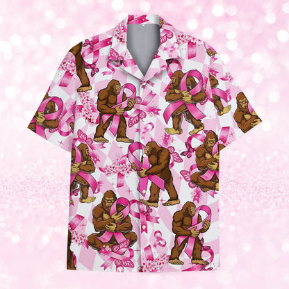 Front view of the breast cancer awareness hawaiian shirt featuring Bigfoot and pink ribbons