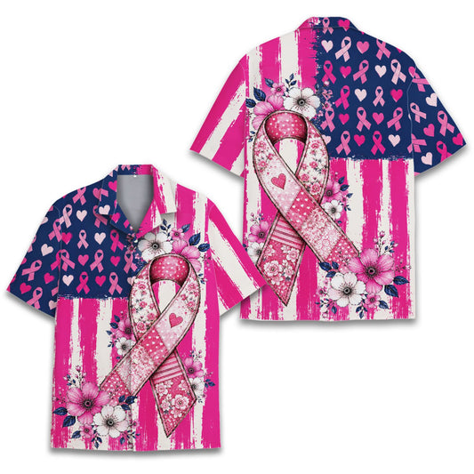 Breast cancer awareness hawaiian shirt with pink floral ribbon and flag pattern, front view