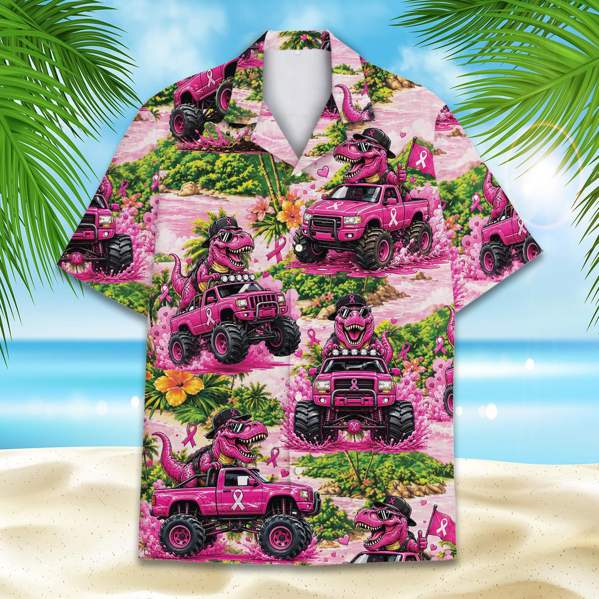 Front view of the breast cancer awareness hawaiian shirt with pink T-Rex design