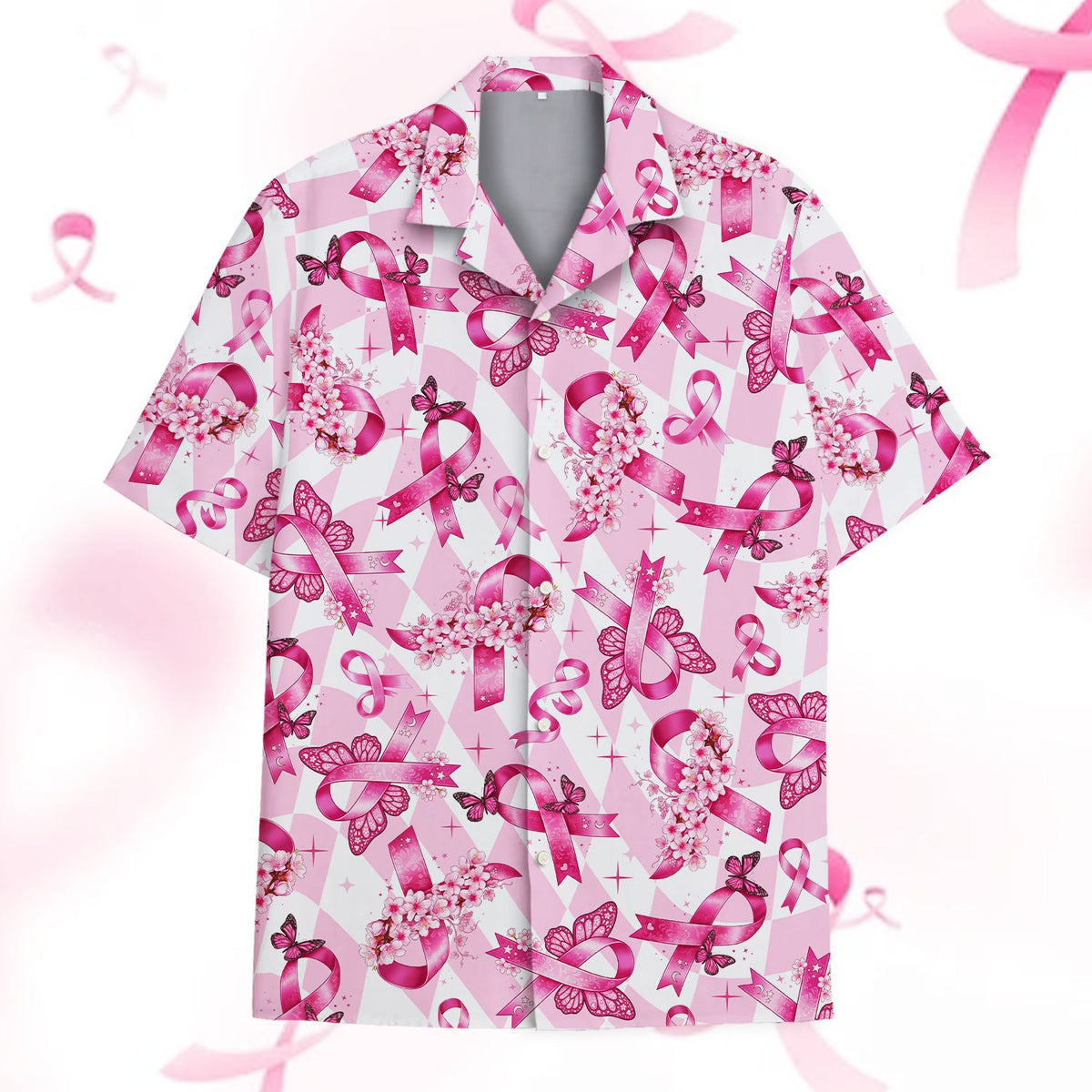 Front view of the breast cancer awareness hawaiian shirt with floral pattern