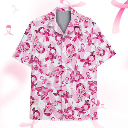 Front view of the breast cancer awareness hawaiian shirt with floral pattern