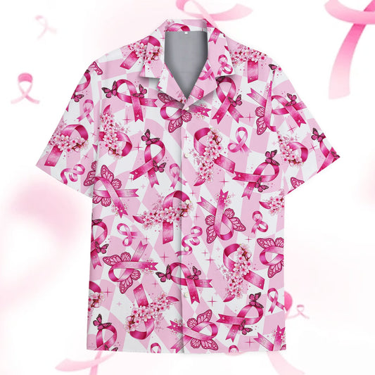 Breast cancer awareness hawaiian shirt featuring pink ribbons and cherry blossoms on a checkered background, main view