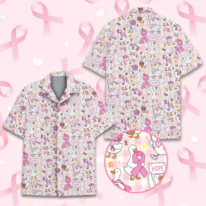 Matching family hawaiian shirts featuring breast cancer awareness ducks, front view